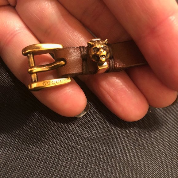 Gucci Studded Feline Head Leather Bracelet in Brow - Picture 5 of 13